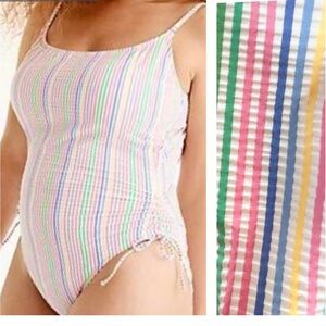 J Crew Pastel Rainbow Striped‎ Seersucker Ruched Side One Piece Swimsuit Size 8
